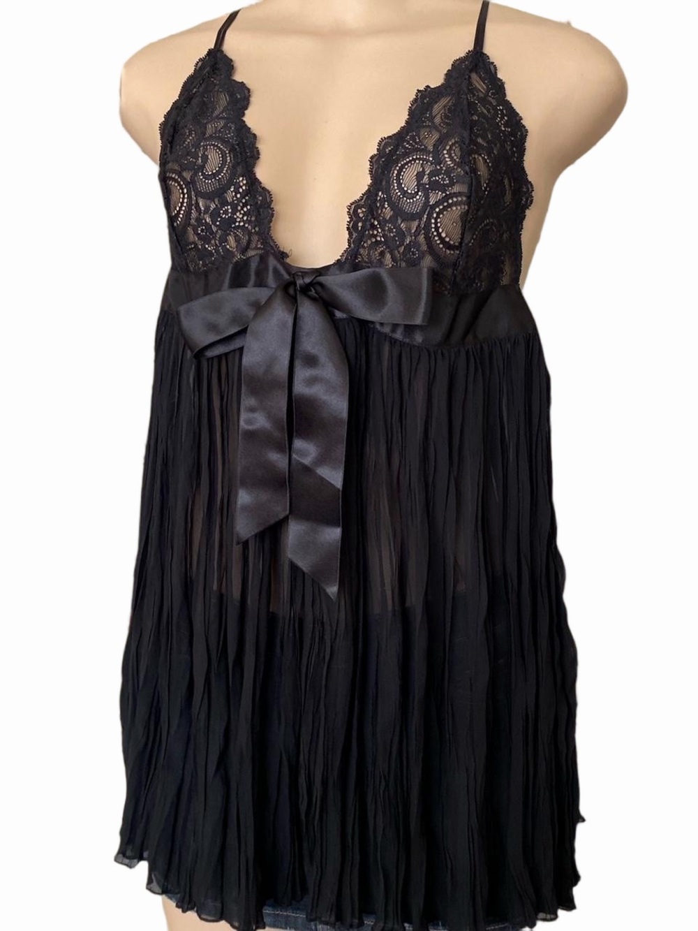 Victoria's Secret Black Lace chiffon Babydoll Camisole Sheer Y2K Lingerie Top L
